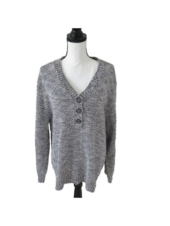 Karen Scott Sweaters - Karen Scott Womens 3X Marled Grey Henley Pullover Sweater V-Neck Cotton Blend